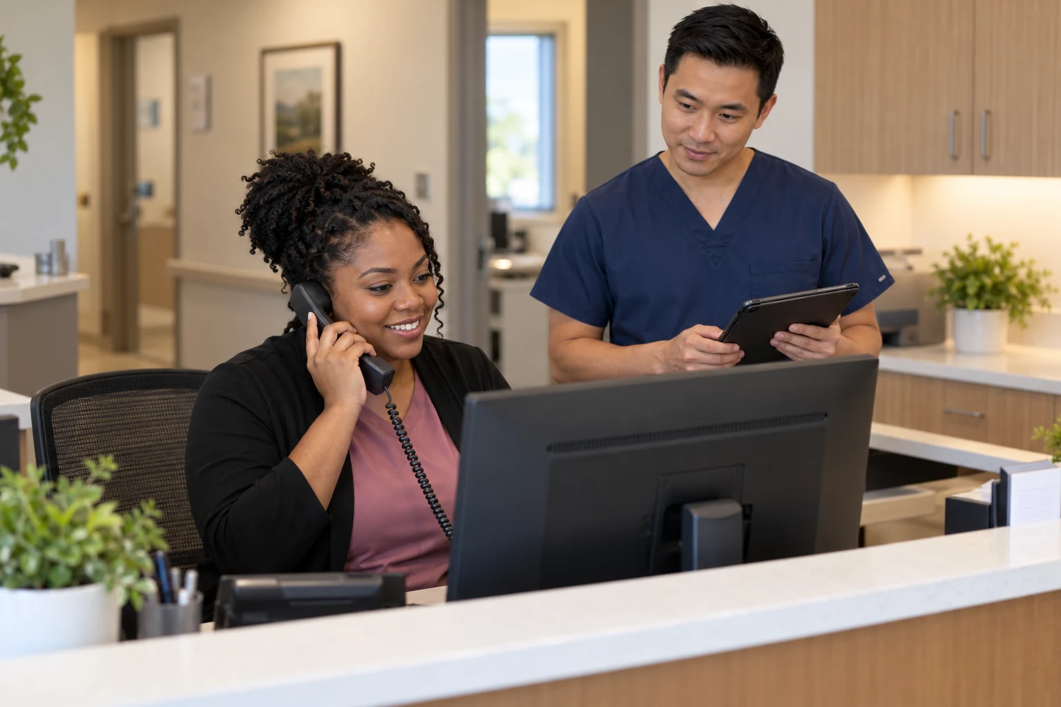 Illustrative medical receptionist using a business telephone