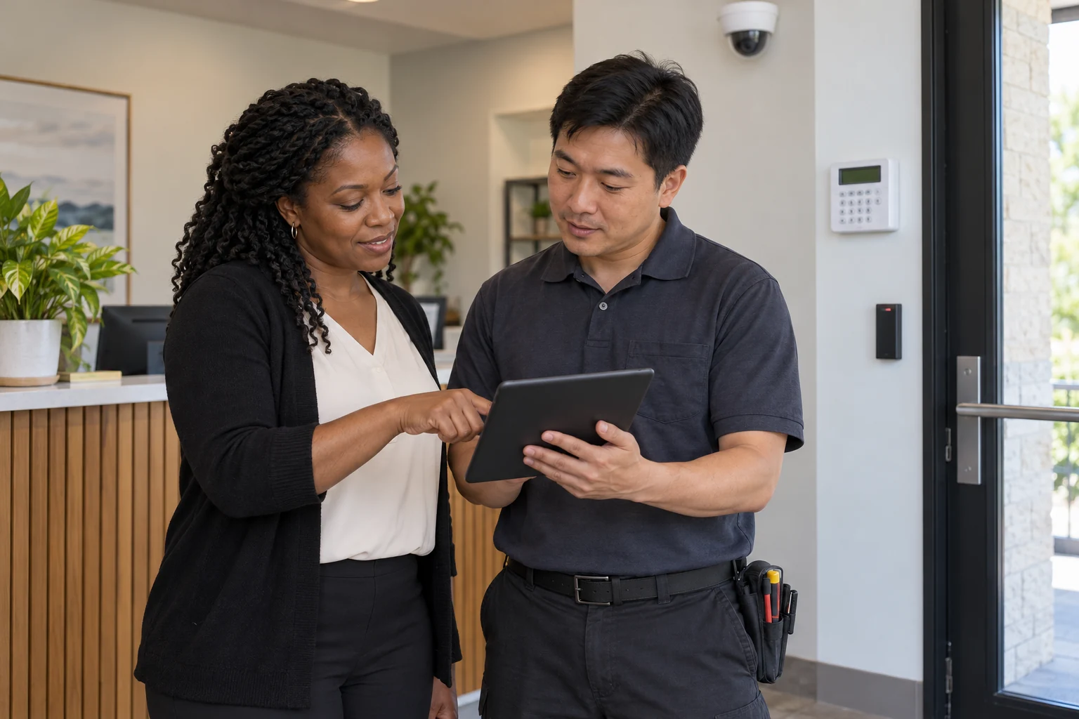 Illustrative business security consultation with alarm keypad