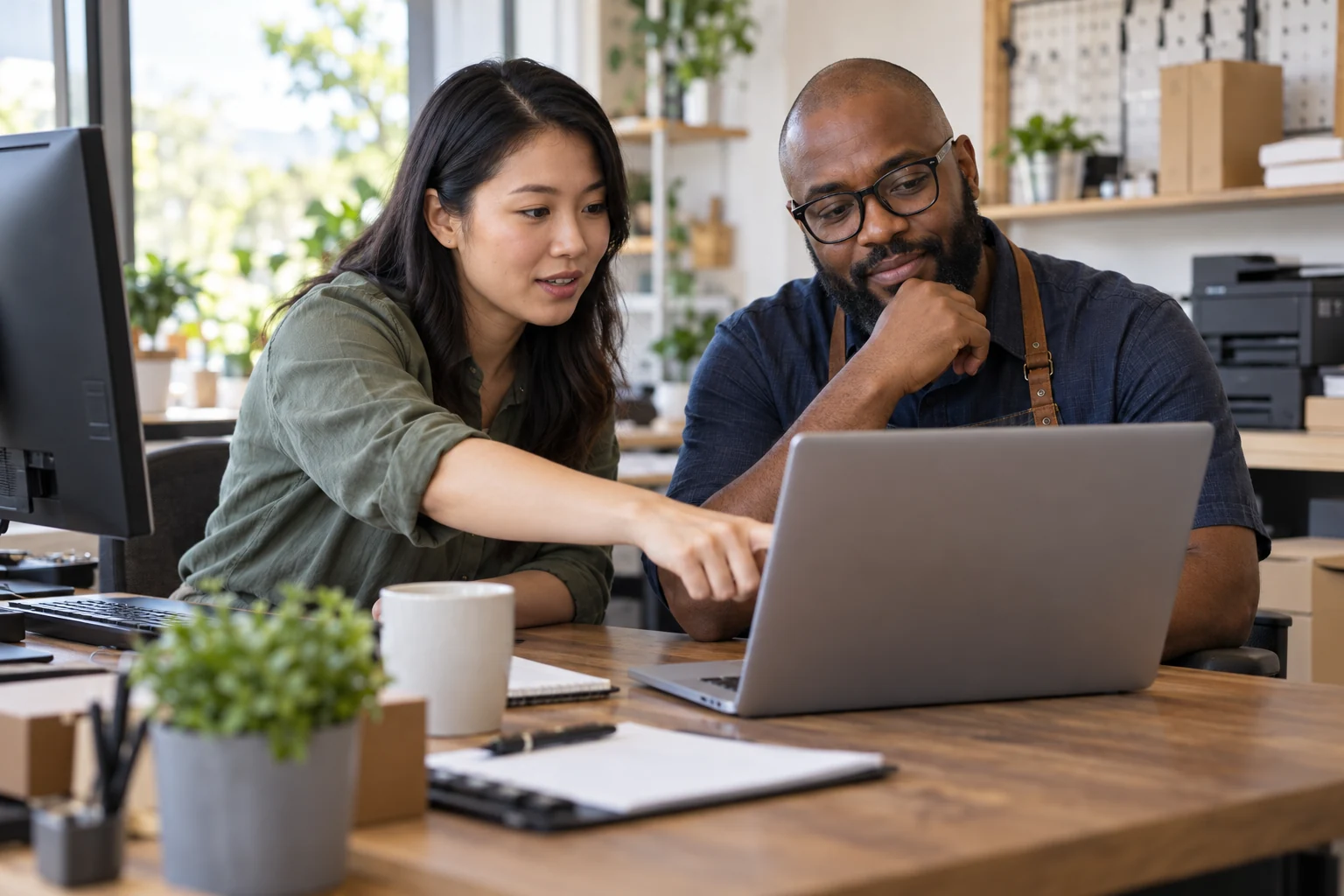 Illustrative IT specialist helping a business owner with a laptop