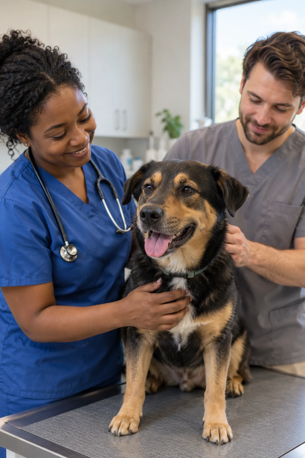 AI-generated illustration of veterinary professionals caring for a dog